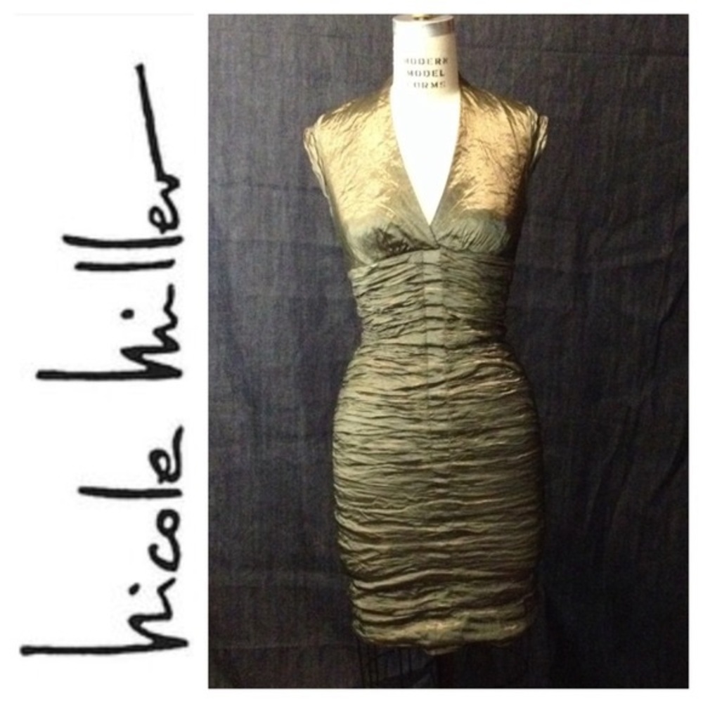 NWOT Nicole Miller green gold ruched dress 0